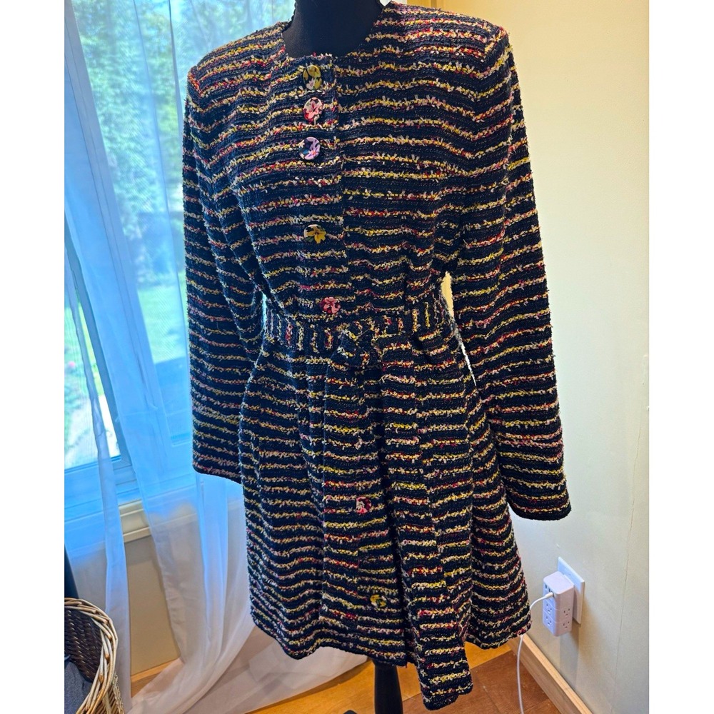 CAbi Black Multicolor Striped Button Front Floral Lined Coat Women's 12